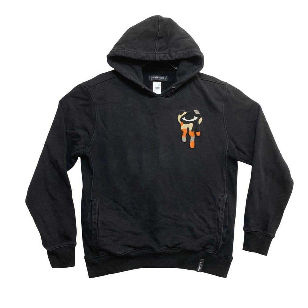 Roku Studio Hoodie Mens M Black Streetwear Melting Eye Chenille Patch Pullover